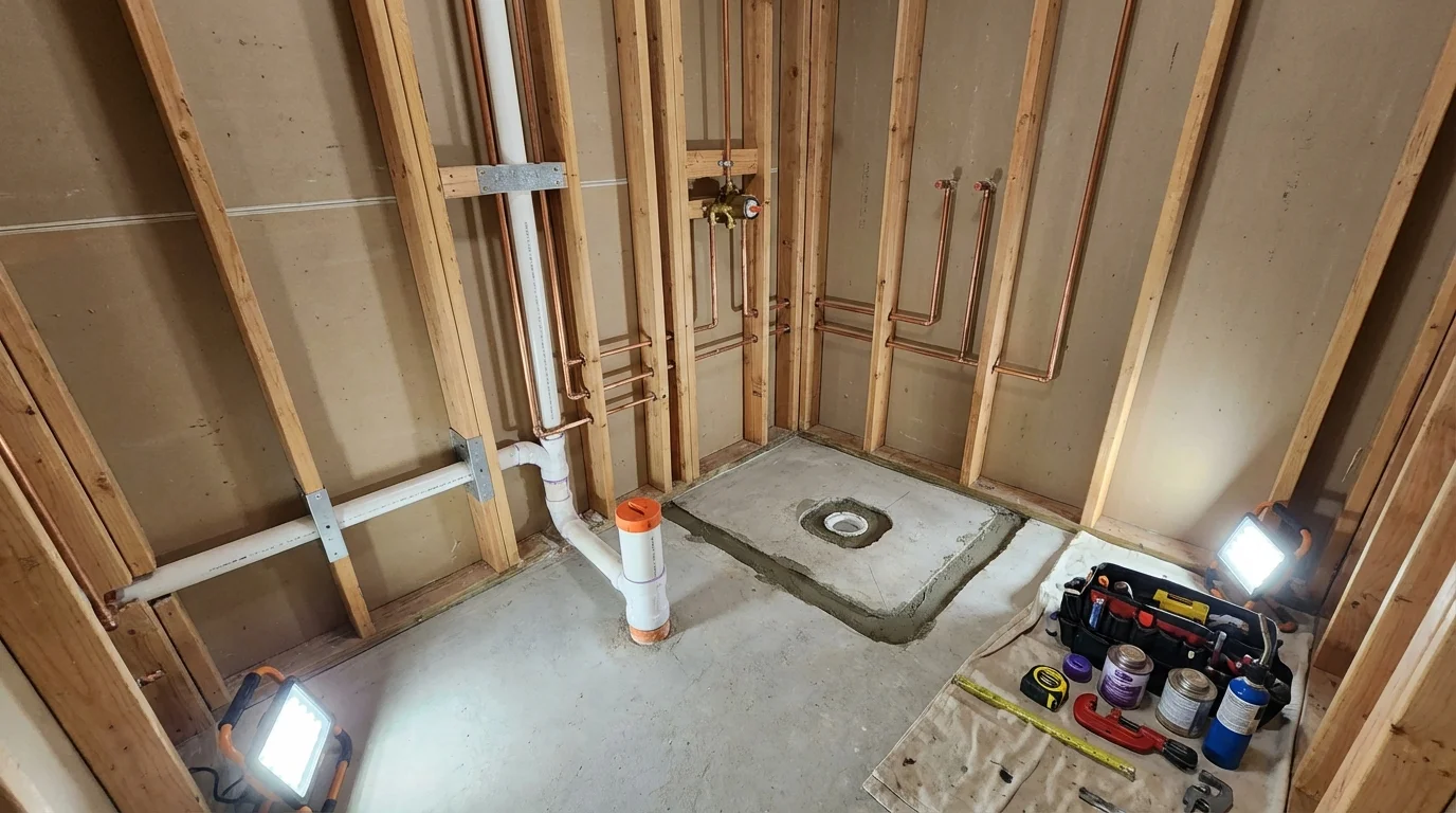 Bathroom rough-in plumbing during remodel by Johns Plumbing LLC in Wolf Point