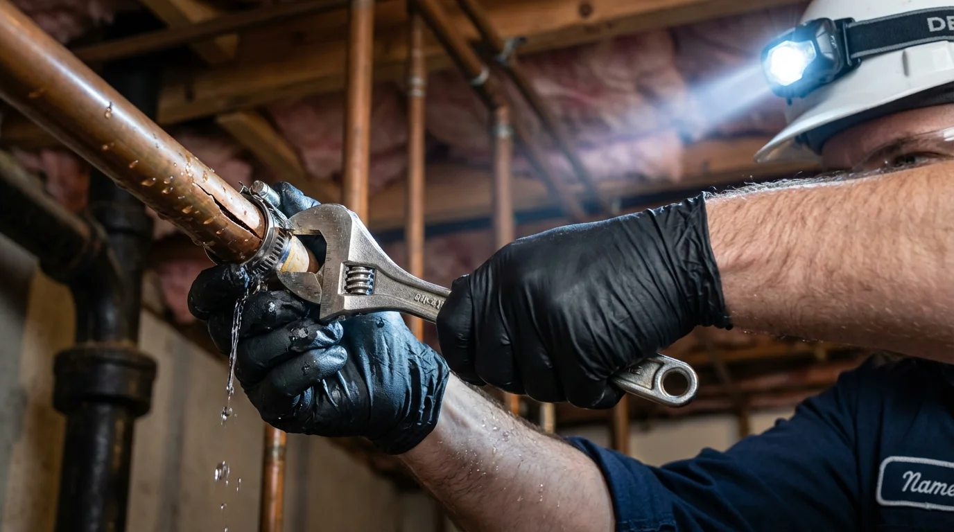 Emergency pipe clamp repair being performed by a Johns Plumbing LLC plumber in Wolf Point