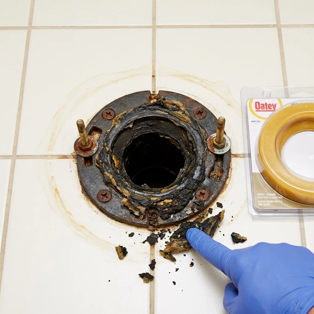 Failed wax ring showing water seepage at the base of a toilet in a Wolf Point, MT home