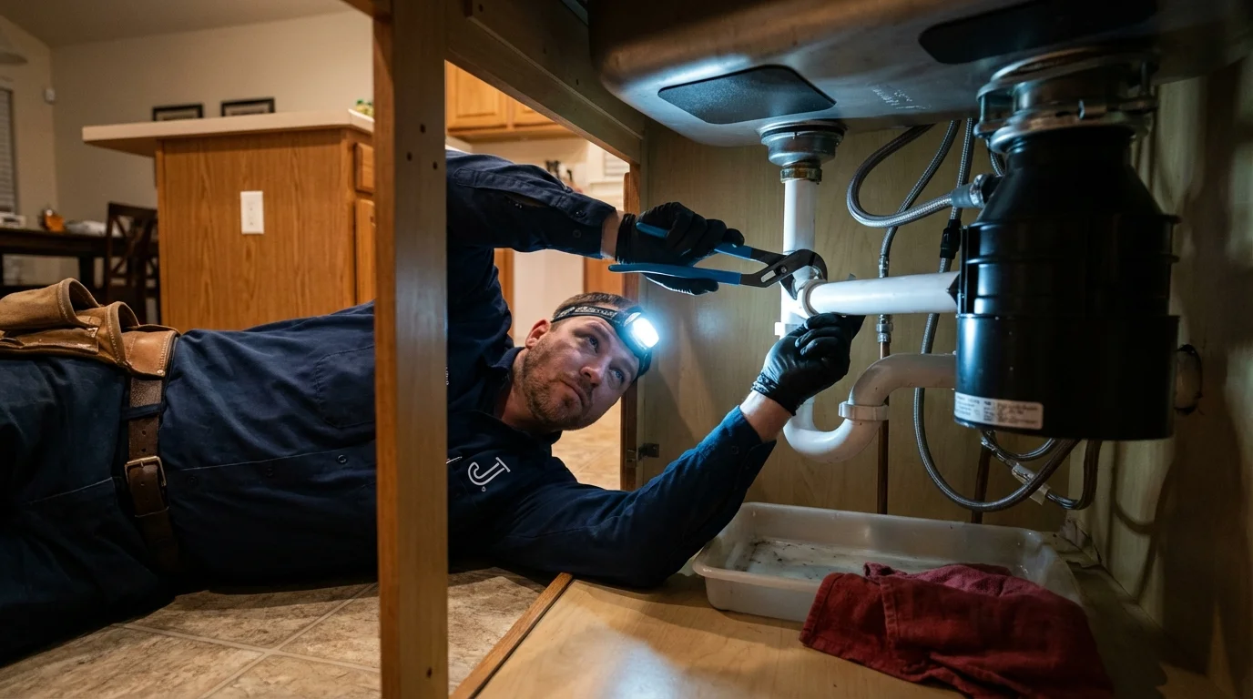 P-trap and supply line connections under a kitchen sink showing a common leak point in Wolf Point, MT
